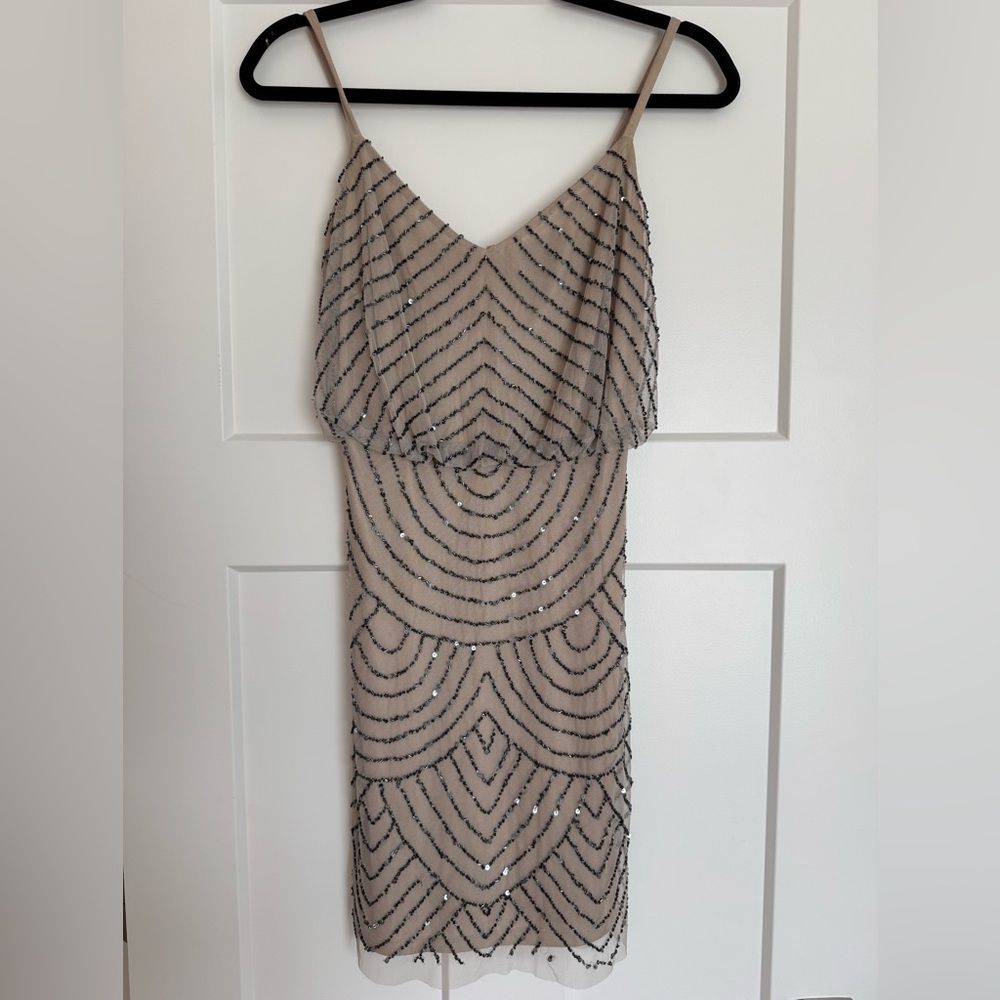 Adrianna Papell Beige Dress with Silver Sequins